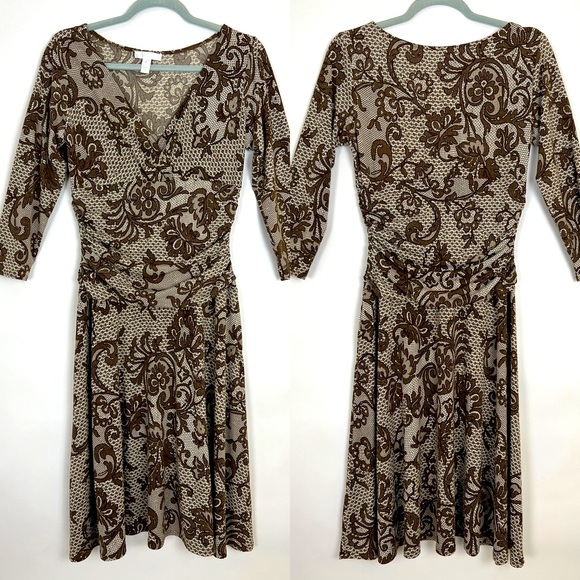 LONDON TIMES ruche waist dress with surprise neck brown and ivory floral… - Picture 1 of 6